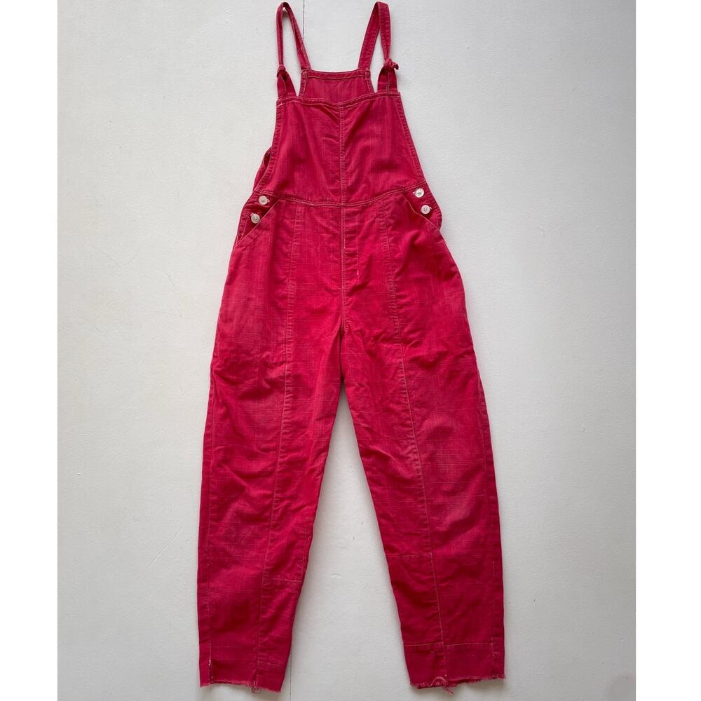 Vtg 60s 70s Red Handmade Womens Side Button Overalls / Retro Jumpsuit / Sz S/M
